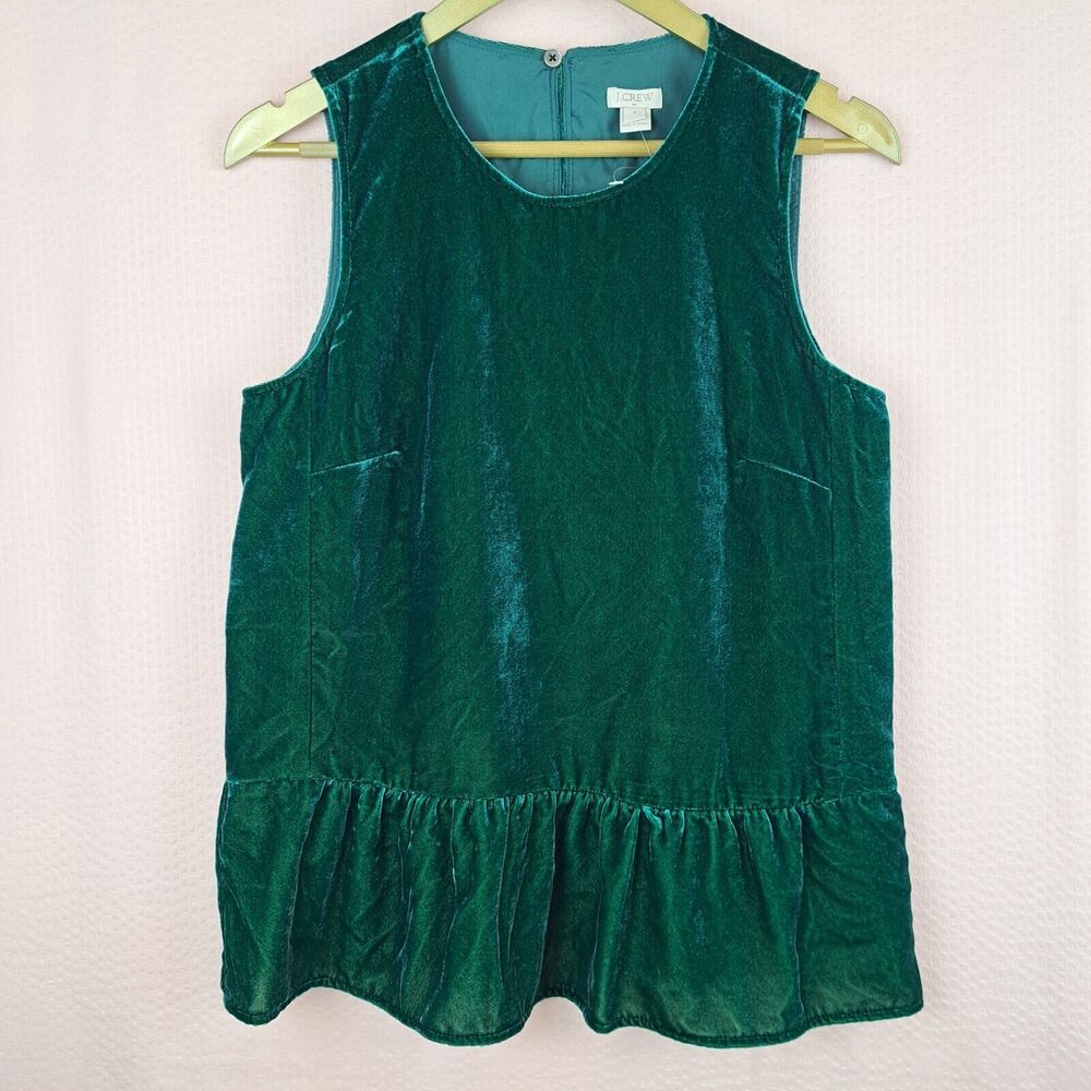 NWOT J. Crew Velvet Ruffle Peplum Deep Jade Green Sleeveless Tank Top Size 4